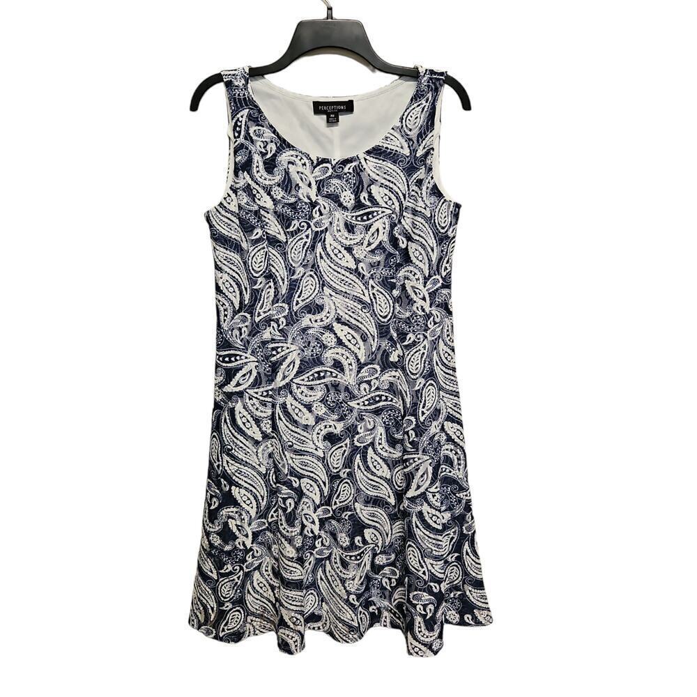 Perceptions Blue & White Paisley Dress Women's Medium Petite